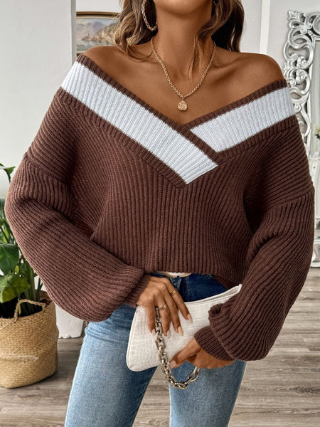 Contrast Dropped Shoulder Long Sleeve Sweater - S. M. & Co.