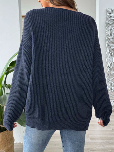 Contrast Dropped Shoulder Long Sleeve Sweater - S. M. & Co.