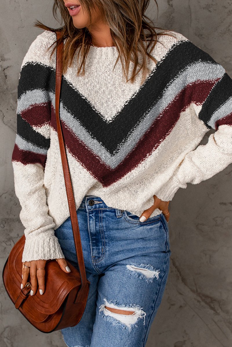 Contrast Dropped Shoulder Long Sleeve Sweater - S. M. & Co.