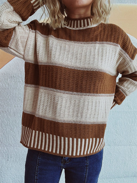 Contrast Round Neck Long Sleeve Sweater - S. M. & Co.