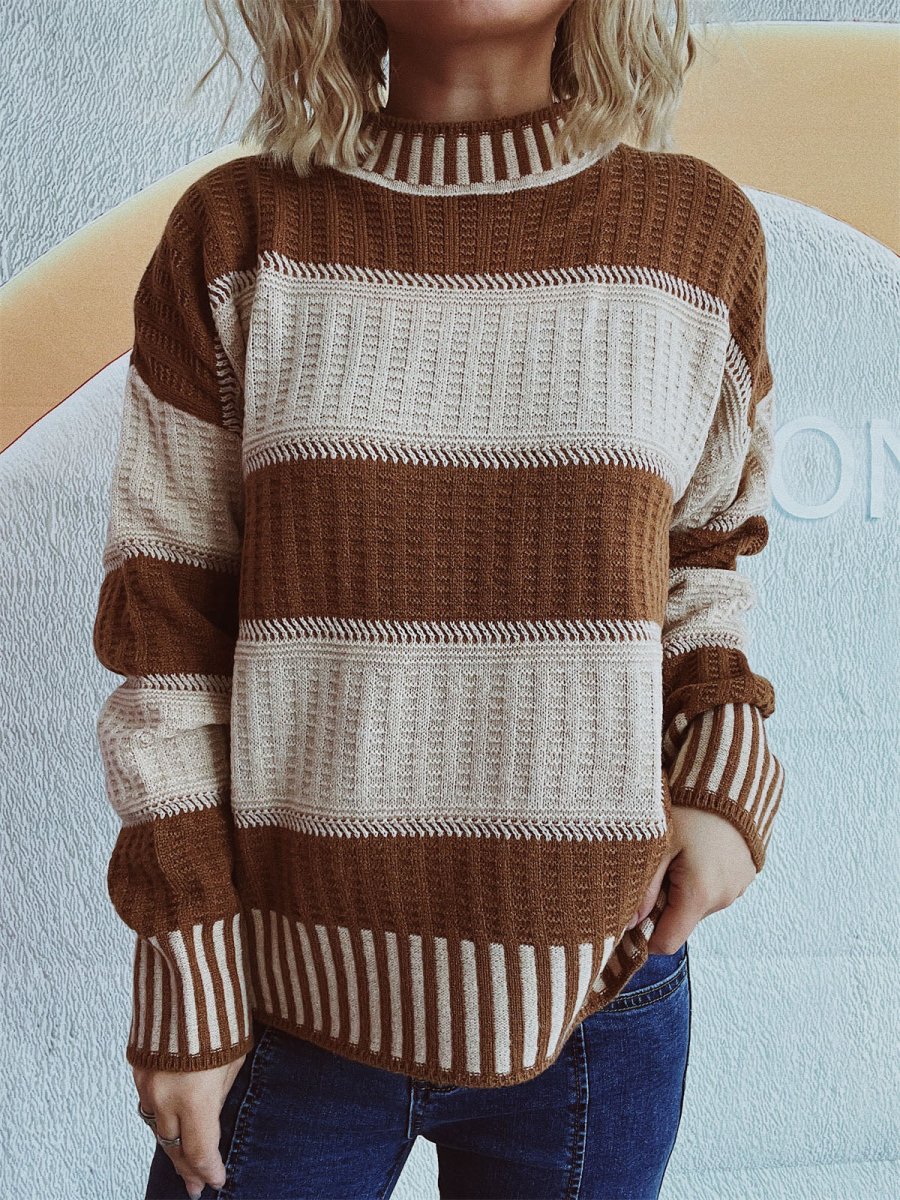 Contrast Round Neck Long Sleeve Sweater - S. M. & Co.