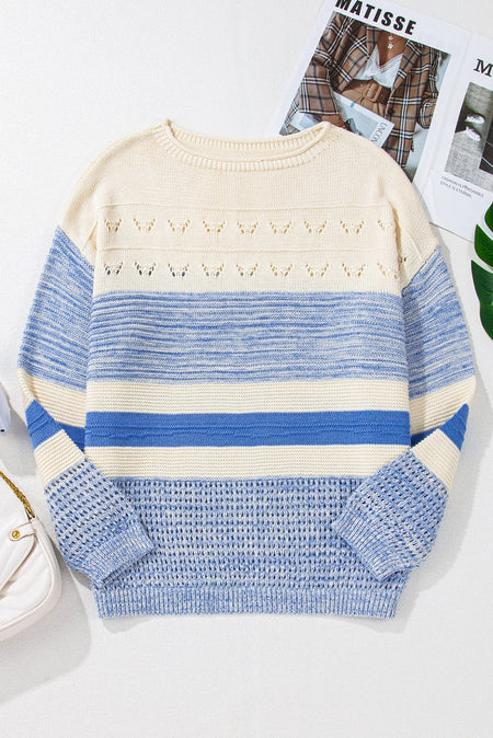 Contrast Round Neck Long Sleeve Sweater - S. M. & Co.