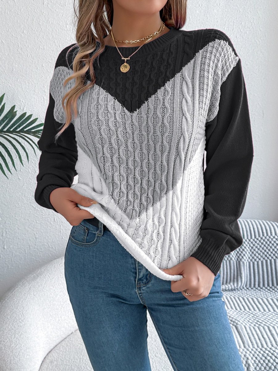 Contrast Round Neck Long Sleeve Sweater - S. M. & Co.