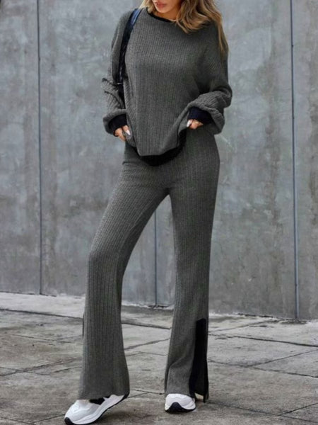 Contrast Round Neck Long Sleeve Top and Bootcut Pants Set - S. M. & Co.