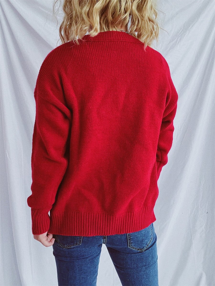 Contrast Star Round Neck Long Sleeve Sweater - S. M. & Co.