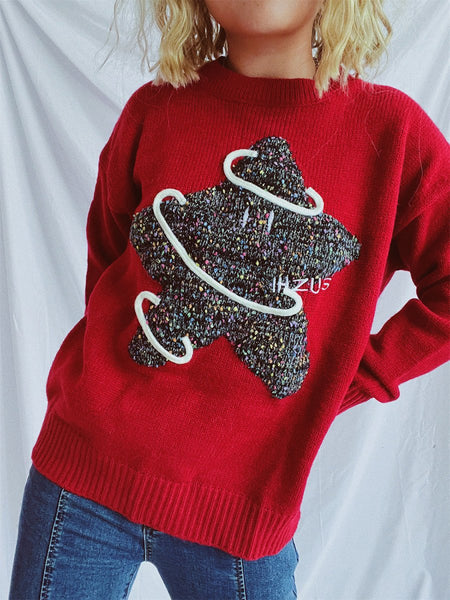 Contrast Star Round Neck Long Sleeve Sweater - S. M. & Co.