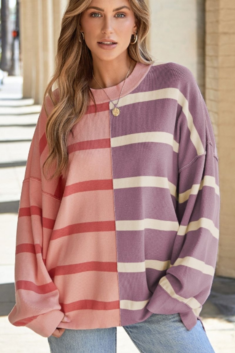 Contrast Striped Long Sleeve Sweatshirt - S. M. & Co.