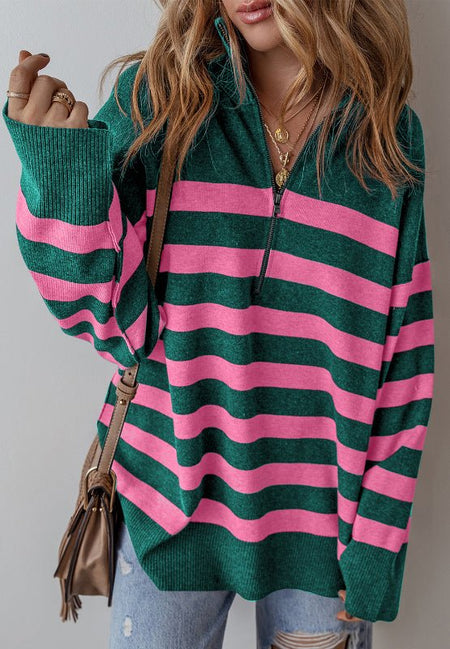 Contrast Striped Quarter Zip Long Sleeve Sweater - S. M. & Co.