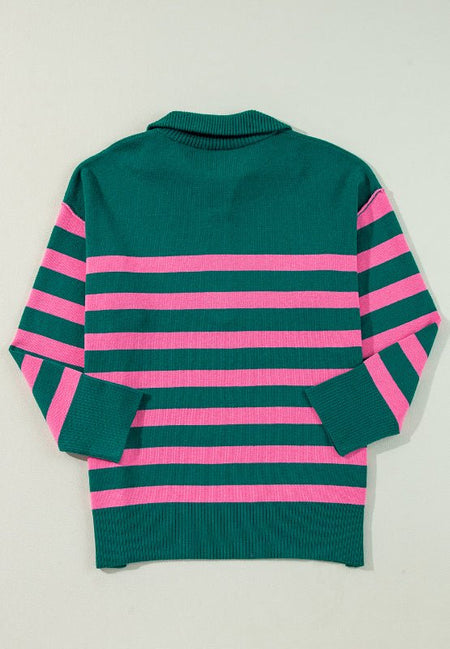 Contrast Striped Quarter Zip Long Sleeve Sweater - S. M. & Co.