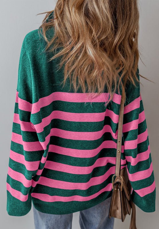 Contrast Striped Quarter Zip Long Sleeve Sweater - S. M. & Co.