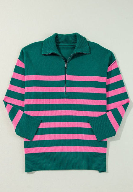 Contrast Striped Quarter Zip Long Sleeve Sweater - S. M. & Co.