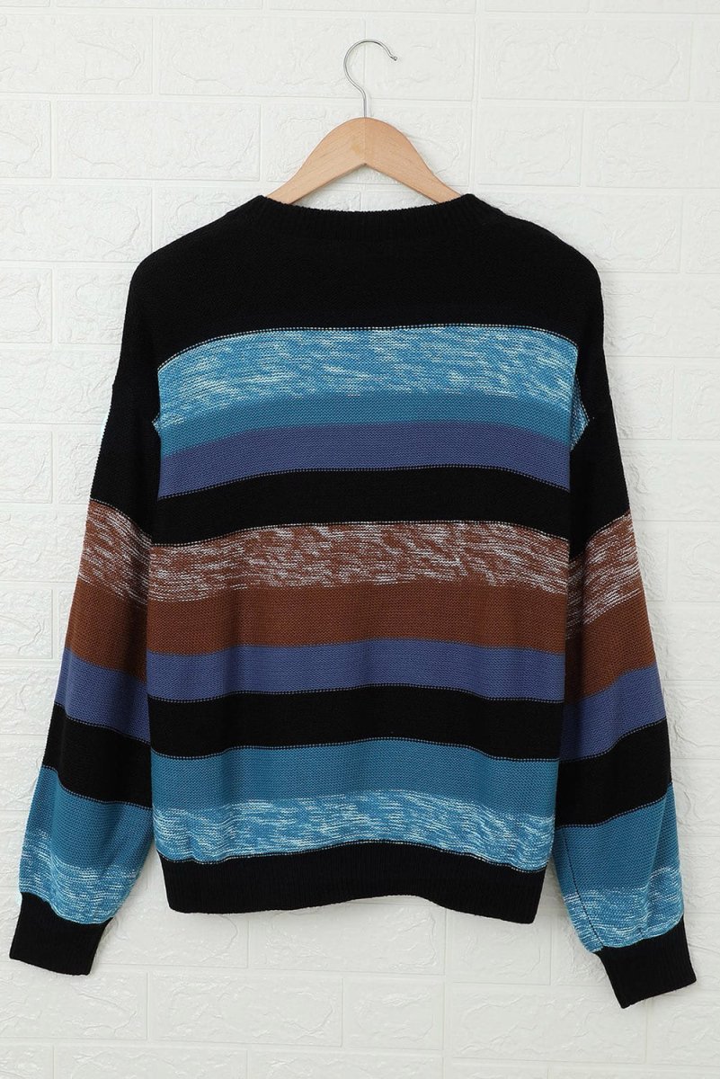 Contrast Striped Round Neck Drop Shoulder Sweater - S. M. & Co.