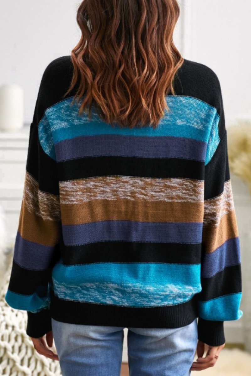 Contrast Striped Round Neck Drop Shoulder Sweater - S. M. & Co.