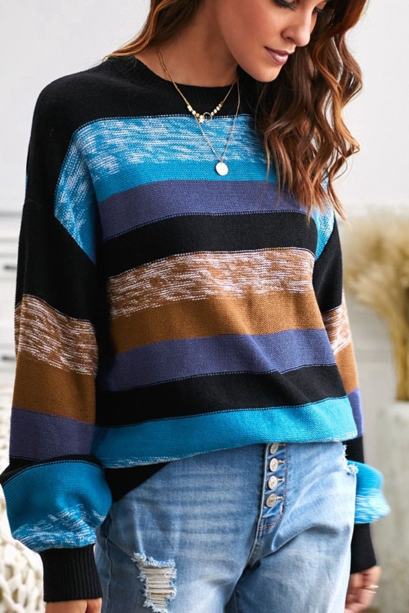 Contrast Striped Round Neck Drop Shoulder Sweater - S. M. & Co.