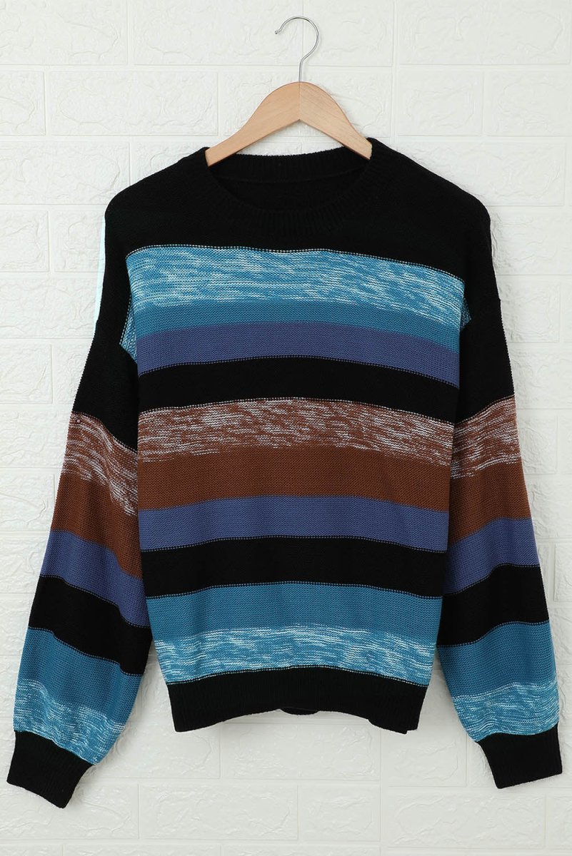 Contrast Striped Round Neck Drop Shoulder Sweater - S. M. & Co.