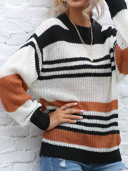 Contrast Striped Round Neck Long Sleeve Sweater - S. M. & Co.