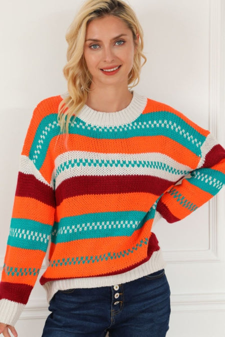 Contrast Striped Round Neck Long Sleeve Sweater - S. M. & Co.