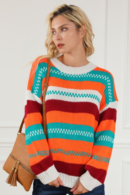 Contrast Striped Round Neck Long Sleeve Sweater - S. M. & Co.