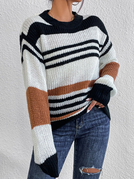 Contrast Striped Round Neck Long Sleeve Sweater - S. M. & Co.