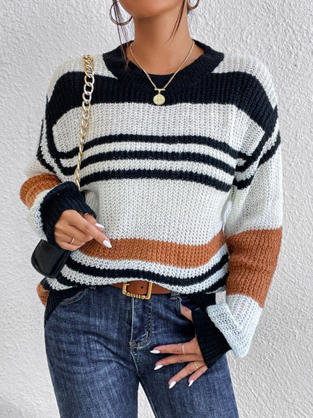 Contrast Striped Round Neck Long Sleeve Sweater - S. M. & Co.