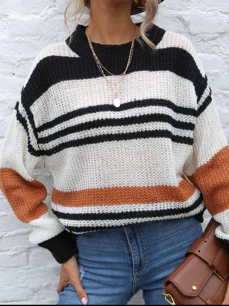 Contrast Striped Round Neck Long Sleeve Sweater - S. M. & Co.