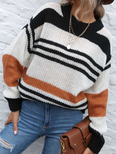 Contrast Striped Round Neck Long Sleeve Sweater - S. M. & Co.