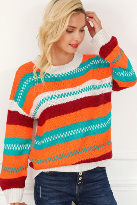 Contrast Striped Round Neck Long Sleeve Sweater - S. M. & Co.