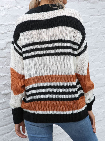 Contrast Striped Round Neck Long Sleeve Sweater - S. M. & Co.