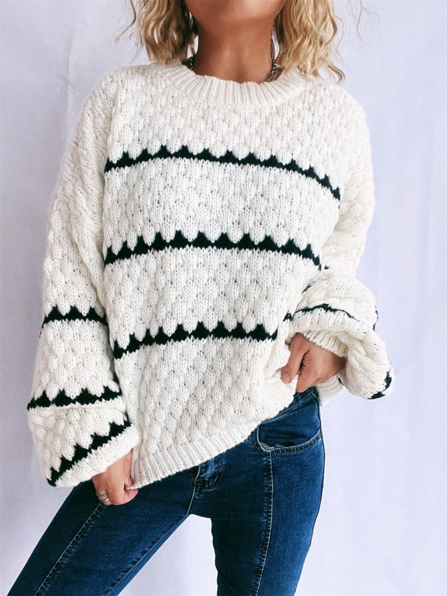 Contrast Stripes Round Neck Long Sleeve Sweater - S. M. & Co.