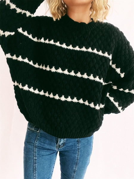 Contrast Stripes Round Neck Long Sleeve Sweater - S. M. & Co.