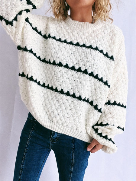 Contrast Stripes Round Neck Long Sleeve Sweater - S. M. & Co.