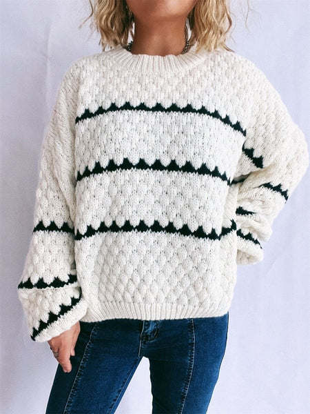 Contrast Stripes Round Neck Long Sleeve Sweater - S. M. & Co.