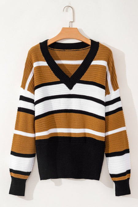 Contrast Stripes V Neck Long Sleeve Sweater - S. M. & Co.