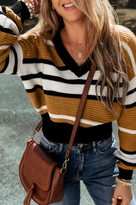 Contrast Stripes V Neck Long Sleeve Sweater - S. M. & Co.