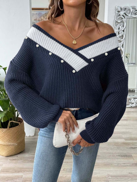 Contrast Trim Dropped Shoulder Long Sleeve Sweater - S. M. & Co.