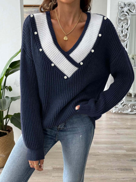 Contrast Trim Dropped Shoulder Long Sleeve Sweater - S. M. & Co.