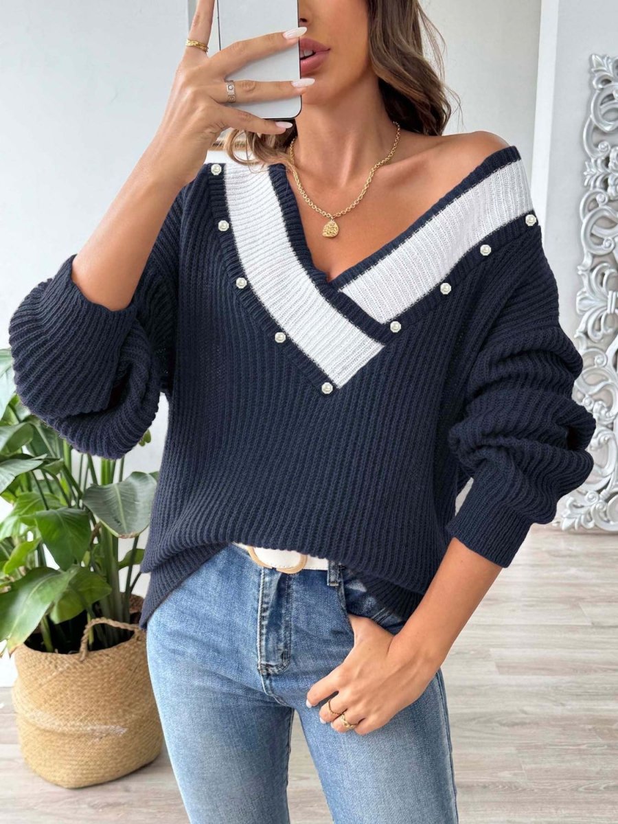 Contrast Trim Dropped Shoulder Long Sleeve Sweater - S. M. & Co.