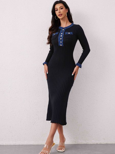 Contrast Trim Round Neck Long Sleeve Sweater Dress - S. M. & Co.