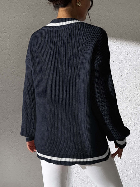 Contrast Trim V - Neck Long Sleeve Sweater - S. M. & Co.