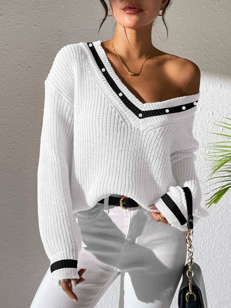 Contrast Trim V - Neck Long Sleeve Sweater - S. M. & Co.