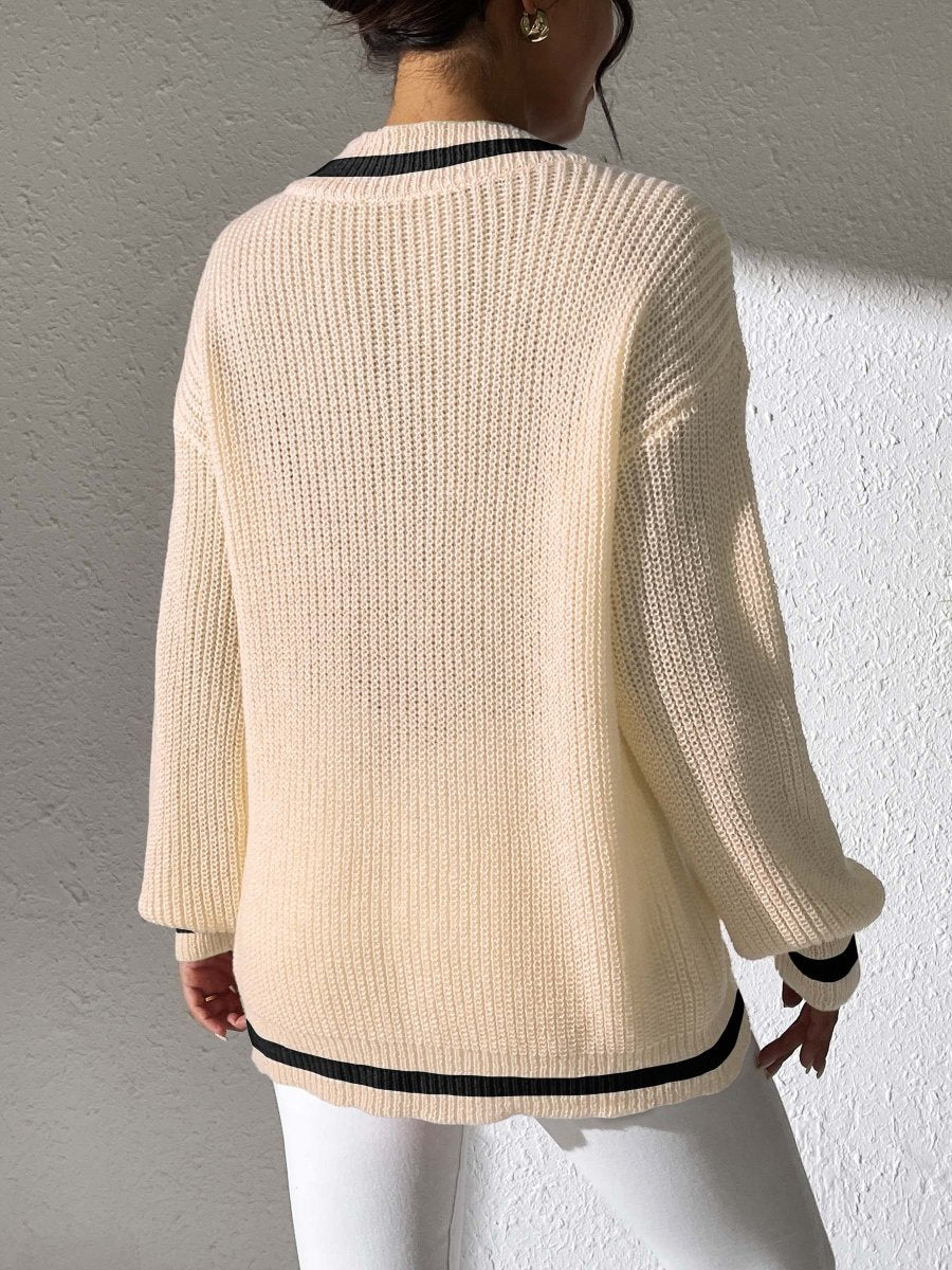 Contrast Trim V - Neck Long Sleeve Sweater - S. M. & Co.