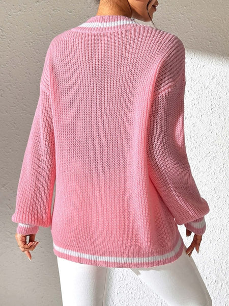 Contrast Trim V - Neck Long Sleeve Sweater - S. M. & Co.