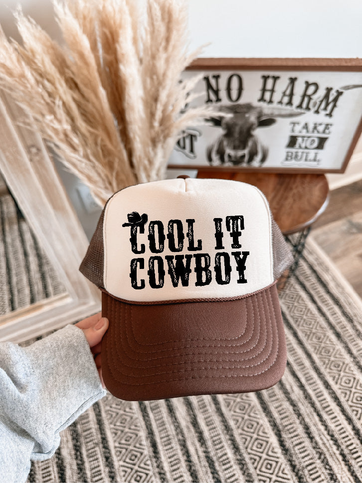 Cool It Cowboy DTF Printed Brown & Tan Trucker Hat - S. M. & Co. Shirts & Tops