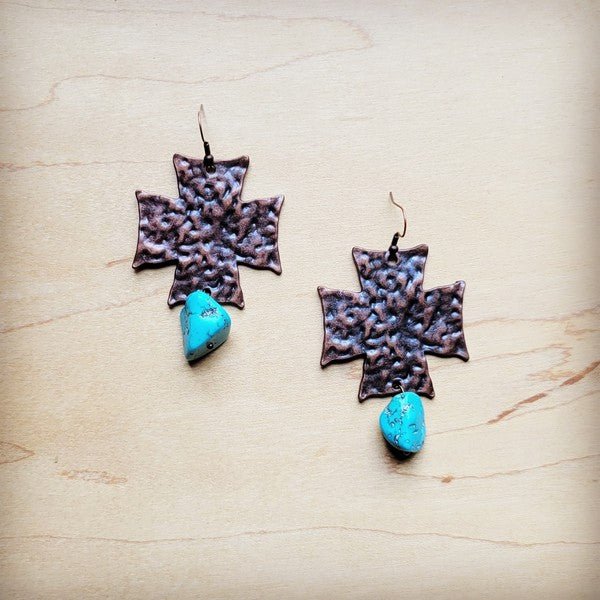 Copper Cross Earrings w/ Blue Turquoise Chunks - S. M. & Co. Earrings