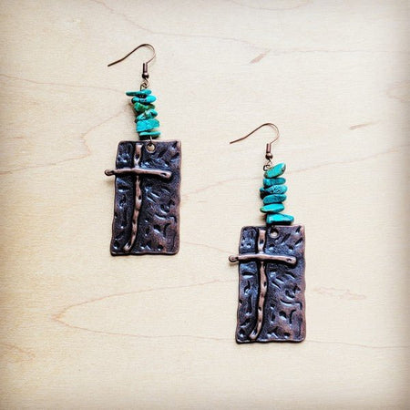 Copper Cross Earrings w/ Natural Turquoise Chunks - S. M. & Co. Earrings