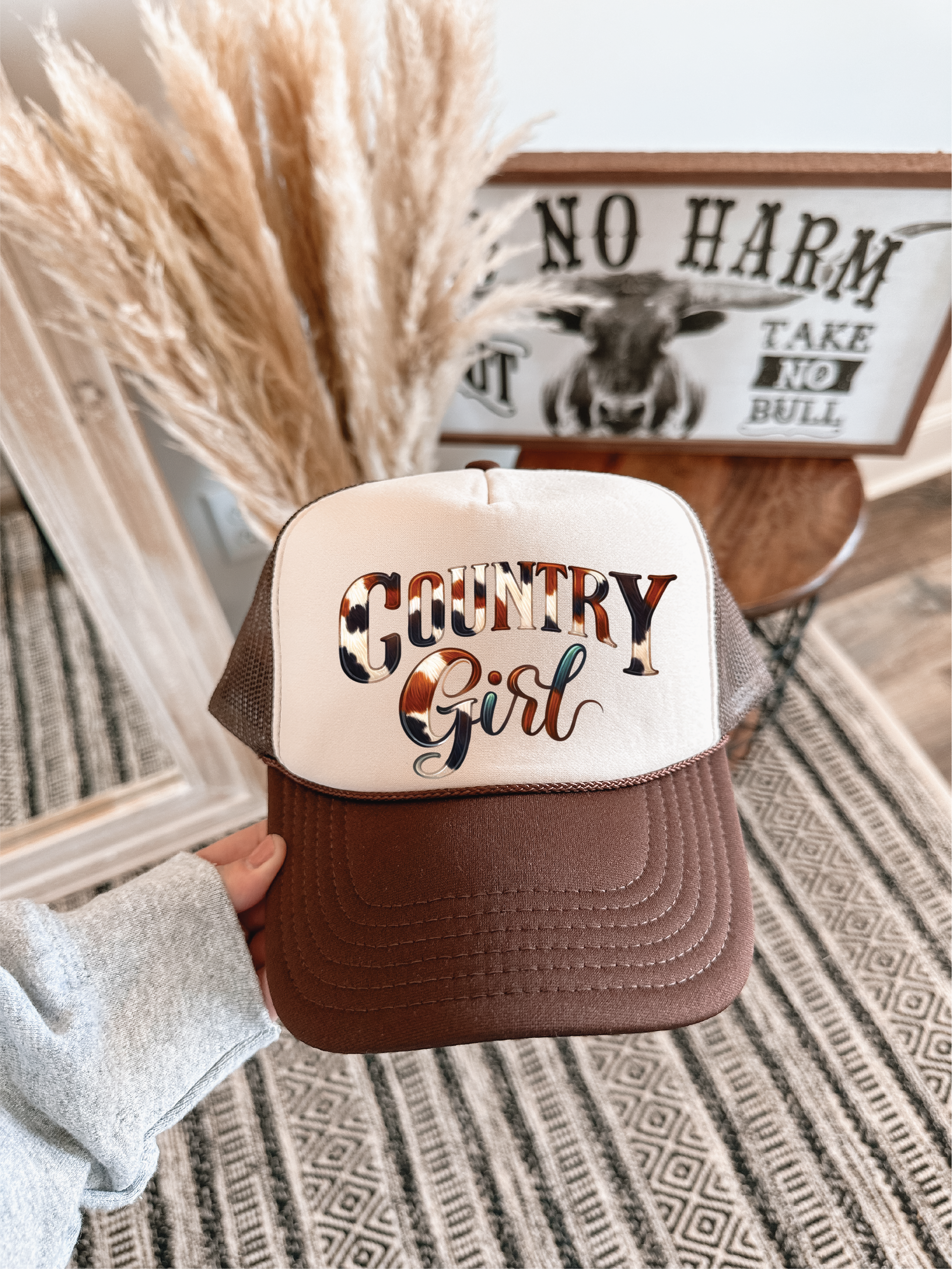 Country Girl DTF Printed Brown and Tan Trucker Hat