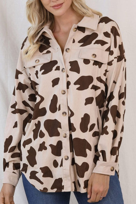 Cow Print Button Up Corduroy Shacket - S. M. & Co.