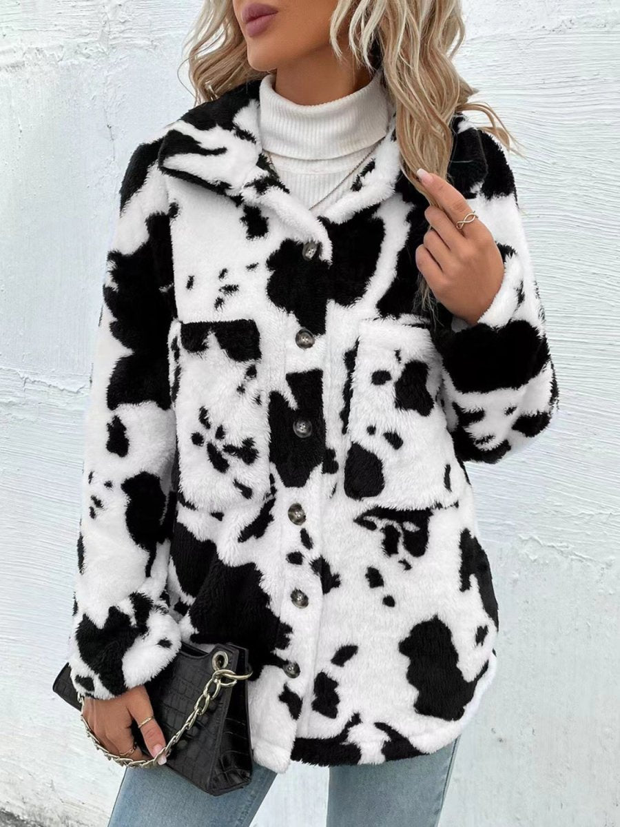 Cow Print Collared Neck Button Up Fuzzy Jacket - S. M. & Co.