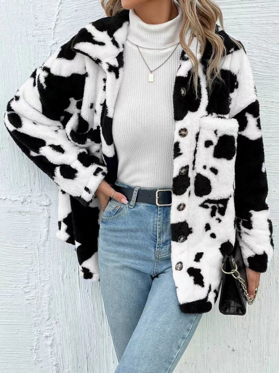 Cow Print Collared Neck Button Up Fuzzy Jacket - S. M. & Co.