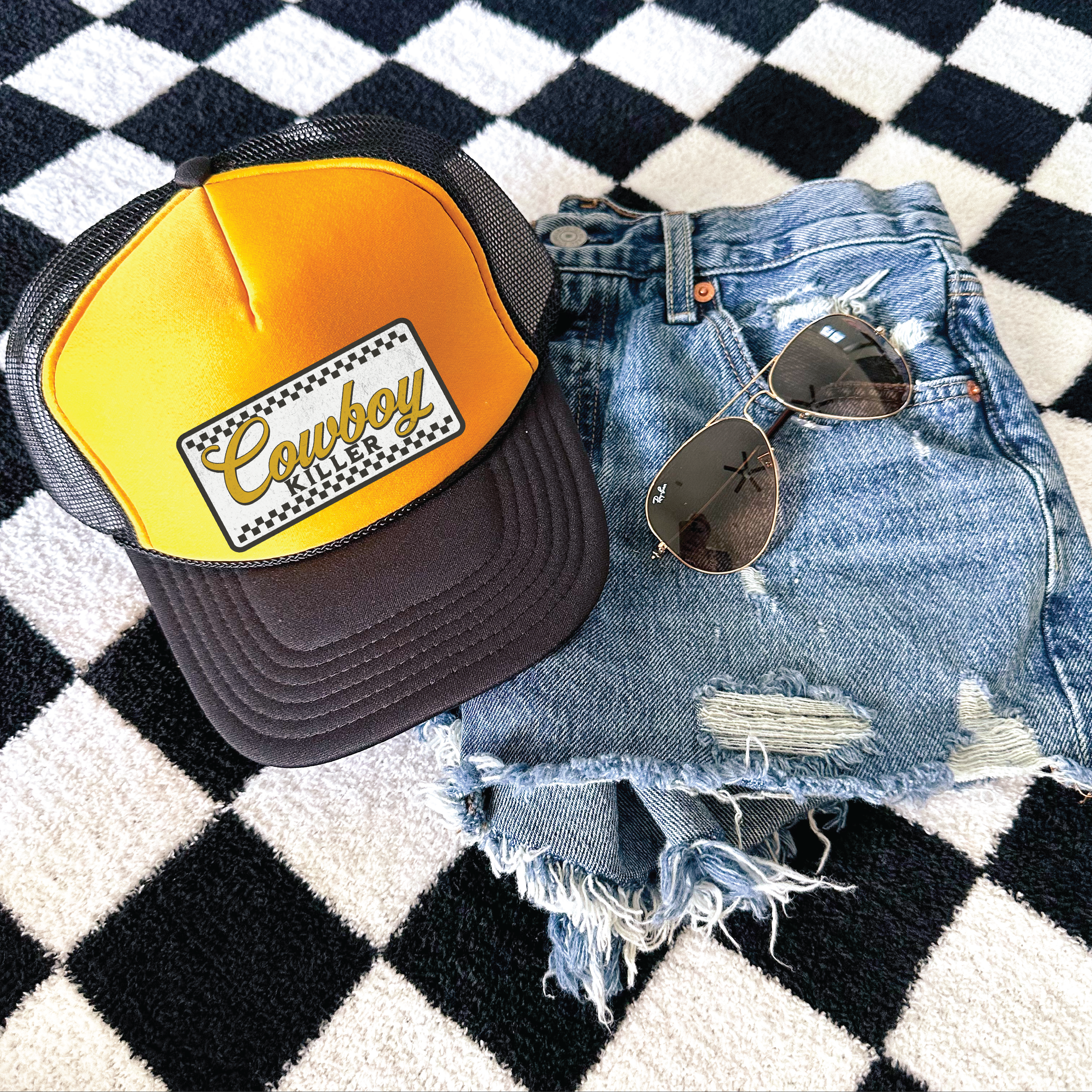 Cowboy Killer DTF Printed Gold and Black Trucker Hat